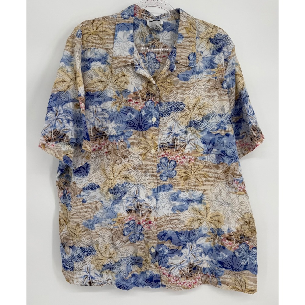 Bonworth Womens Blue Tan Tropical Floral Palm Short Sleeve Button Down Shirt XL